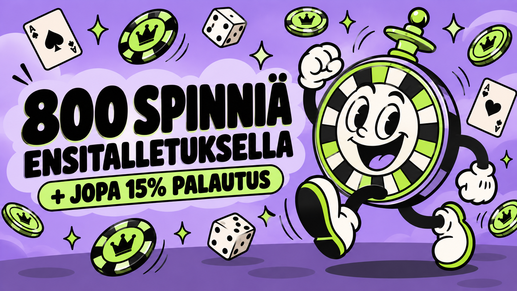 Rullat Casino -banneri: 800 ilmaiskierrosta ensitalletuksella ja jopa 15 % käteispalautus, iloinen rulettihahmo pelimerkkien ja korttien keskellä